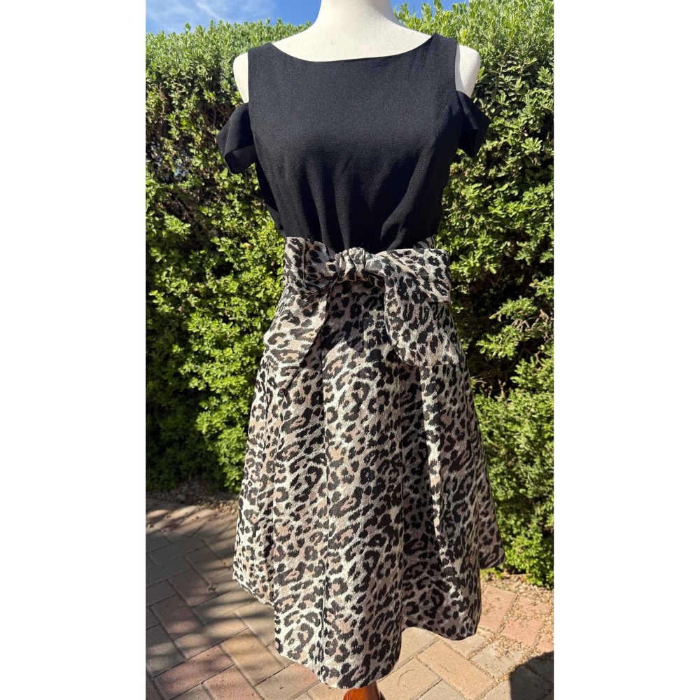 Eliza J Womens Black Cold Shoulder Leopard Print Bow Jacquard Dress Size 10
